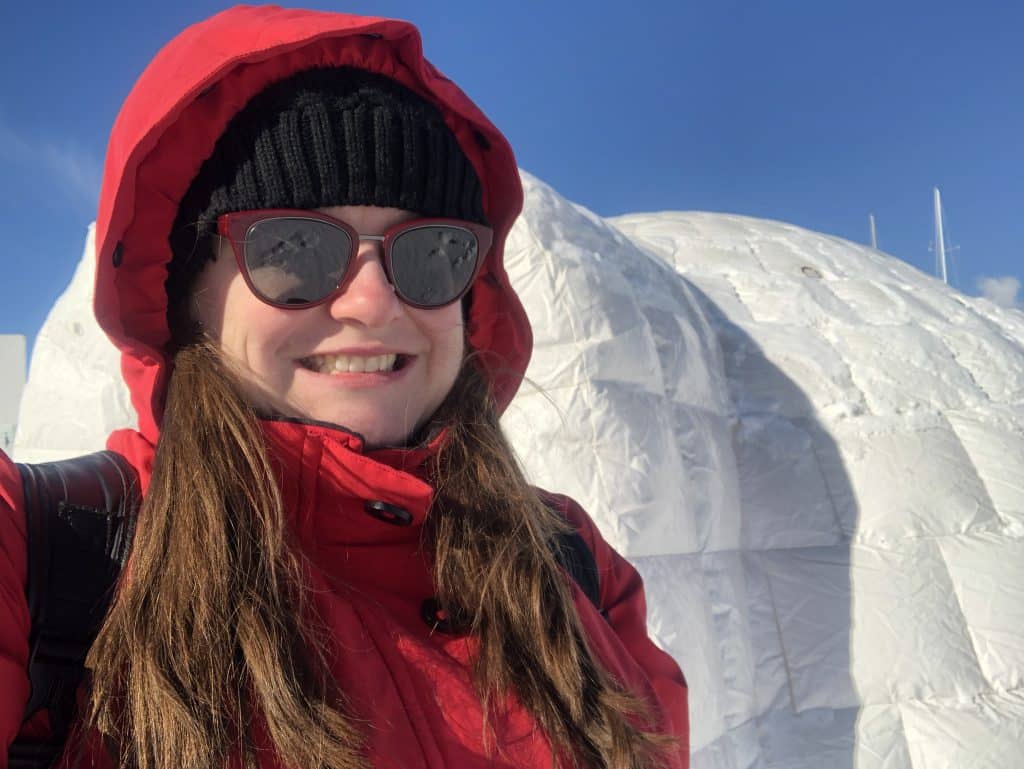 Jennifer Doré Dallas in front of igloo - Quebec City in winter