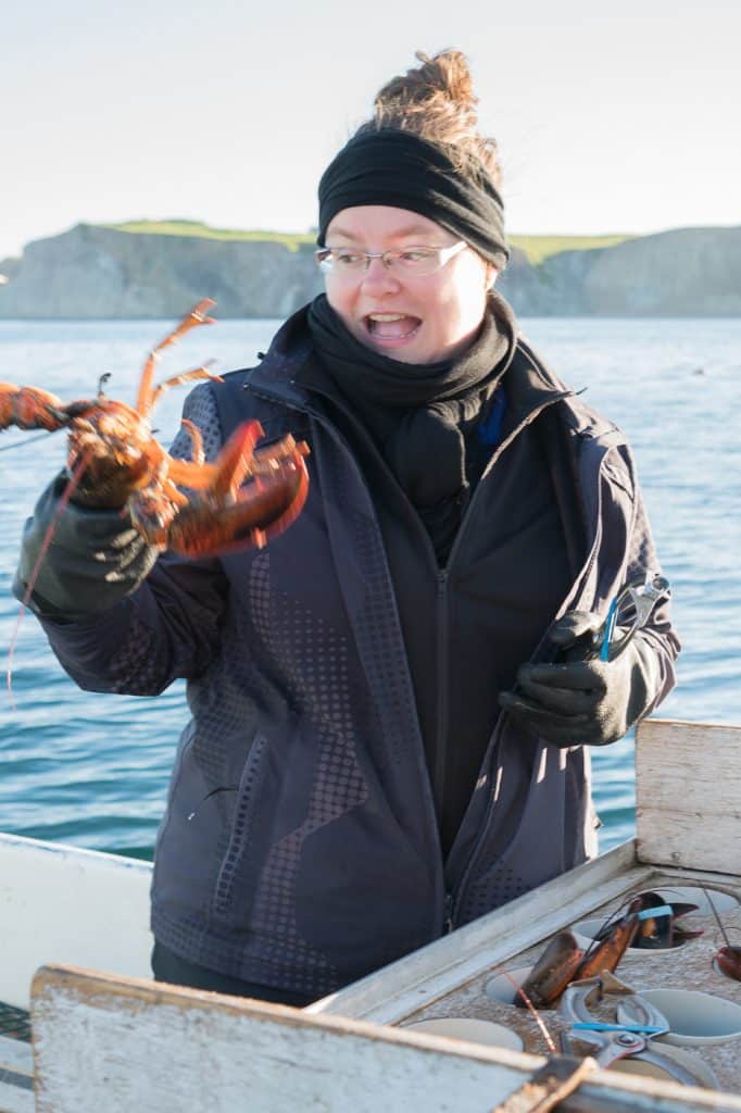 Jennifer Dore Dallas putting elastics on lobster in the Magdalen Islands