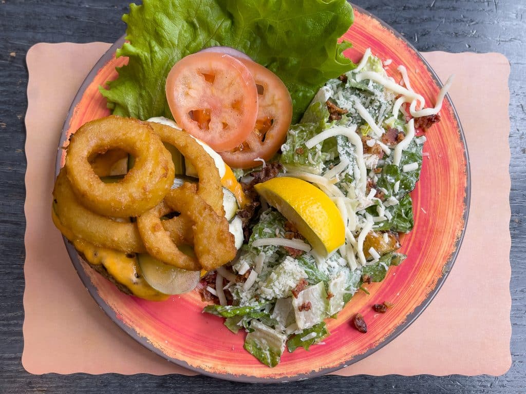 Salad and burger at Brouemont