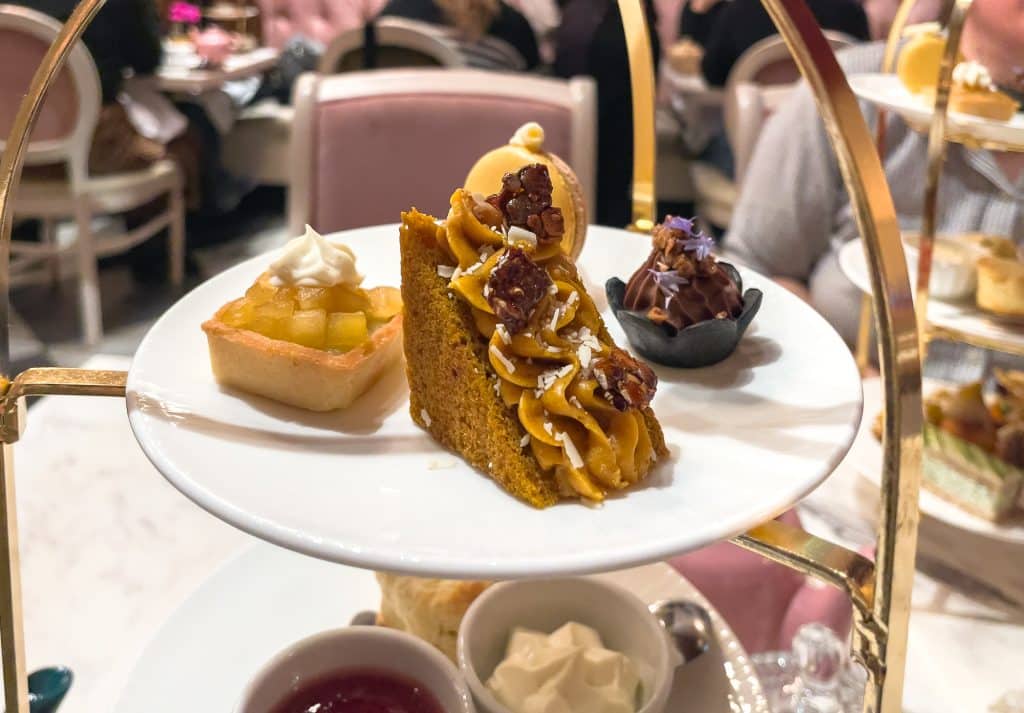 Carrot cake on a platter at Paparmane for afternoon tea