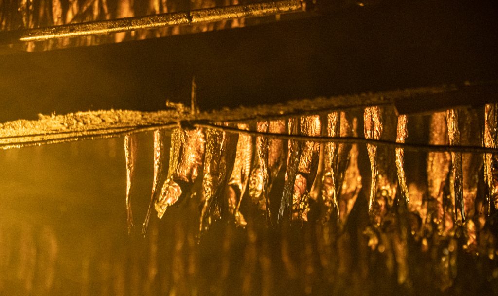 Smoked herring hanging at Fumoir d'Antan
