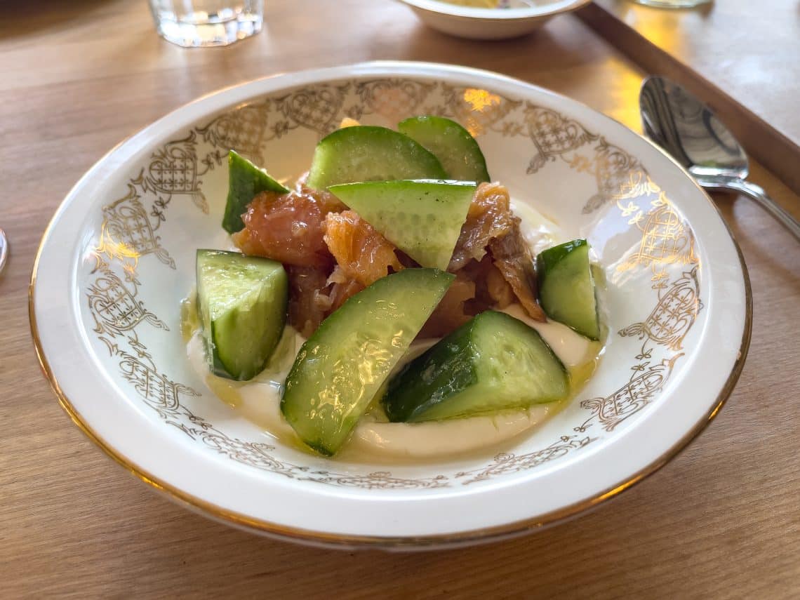 Salmon and cucumber salade at Le Bicois